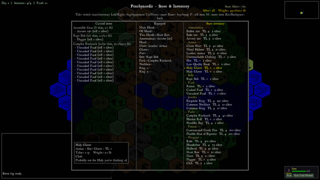 A town store, with the party's carried items, equipment, and the store's stock side by side.