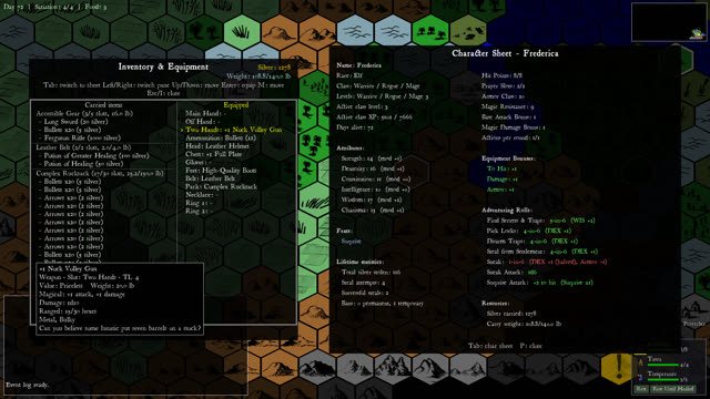 The inventory and a character sheet open together.